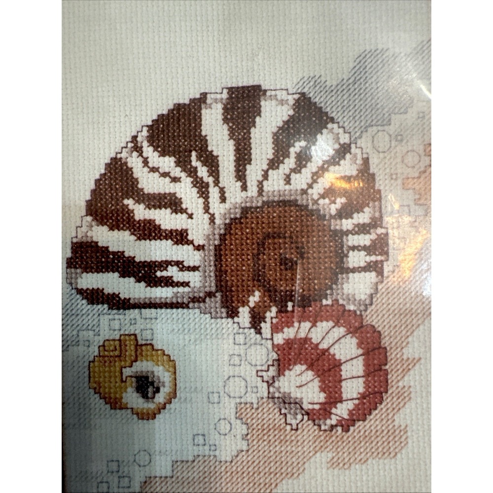 Vintage 90s Cross Stitch Kit Conch Shell Seashells Coastal Cottagecore 14 Count